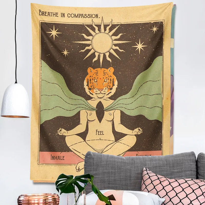 Decobites Sun Tiger Woman Tapestry | Psychedelic Wall Art for Boho Decor & Meditation