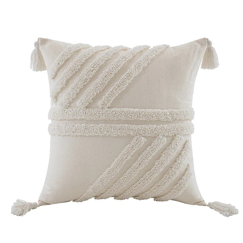DecorBites™ Boho Beige White Tufted Tassel Pillow Cover Set
