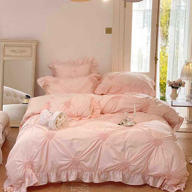 Decobites Korean Princess Style Pure Cotton Bedding Set with Ruffles and Heart Pleat