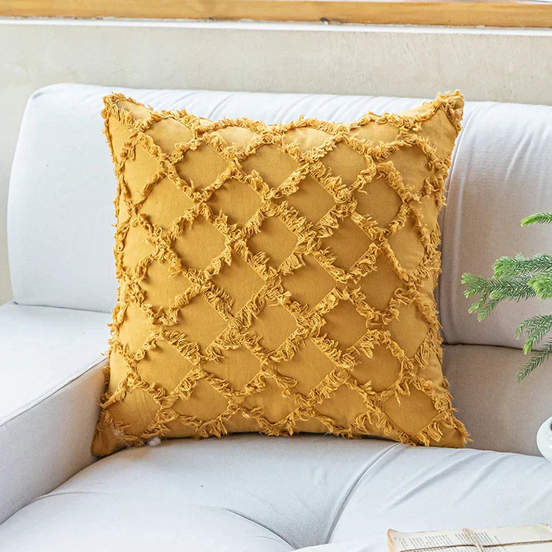 غطاء وسادة قطني من DecorBites™‎ بتصميم ماسي بلون الخردل البرتقالي والبيج لغرفة المعيشة والأريكة والسرير