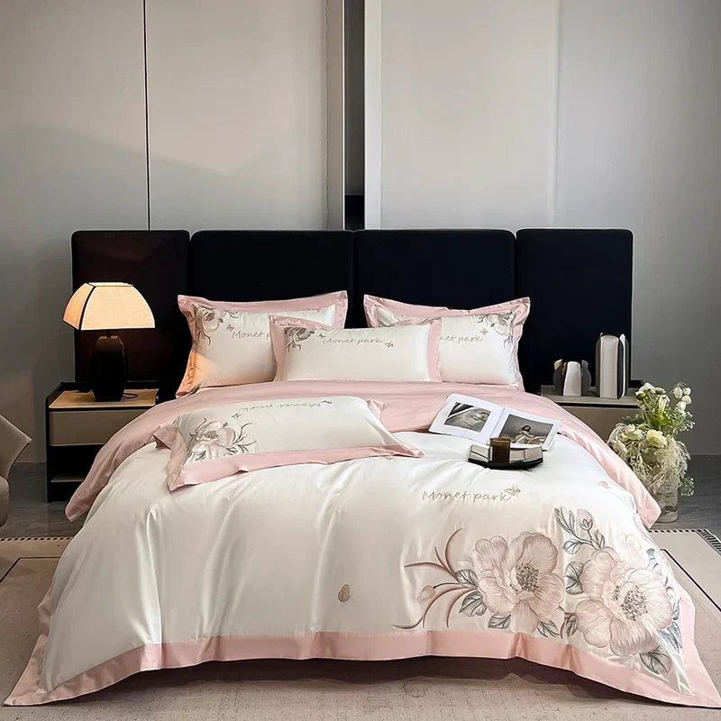 Decobites Pink Flowers Embroidery Cotton Luxury Bedding Set: Duvet, Sheet, Pillowcases - 4Pcs