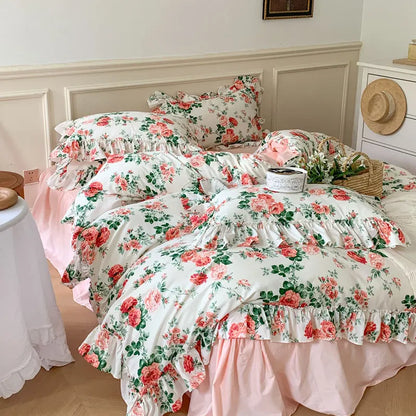 Decobites French Vintage Rose Print Bedding Set with Lace Ruffles and Linen Details