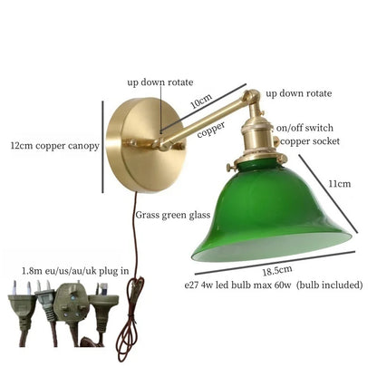 DecorBites™ Green Glass LED Wall Sconce, Pull Chain Switch, for Bedside, Bathroom, Living Room