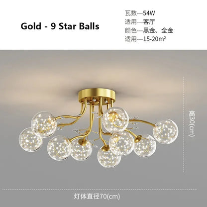 ثريا DecorBites™ باللون الأسود الذهبي مع مصابيح معلقة على شكل كرة زجاجية شفافة على شكل نجمة