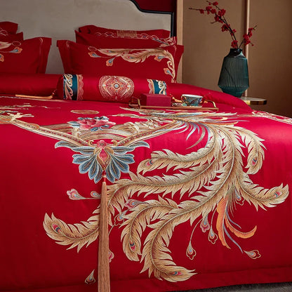 Decobites Red Chinese Wedding Luxury Bedding Set with Dragon Phoenix Embroidery