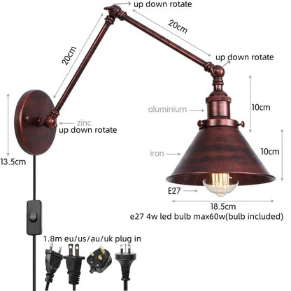 DecorBites™ Gold Long Arm LED Wall Sconce with Pull Chain Switch, Adjustable Industrial Bedside Lamp