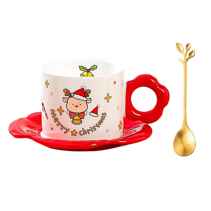 DecorBites™ Christmas Ceramic Santa Tea Set with Spoon, Festive Coffee Cup & Saucer