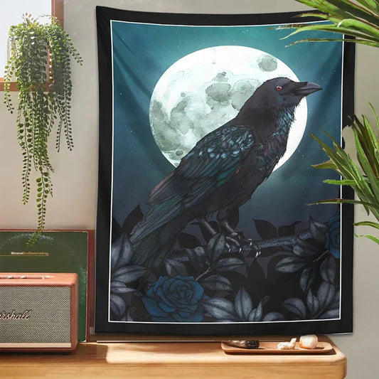 Decobites Raven & Moon Gothic Tapestry Wall Hanging for Dark Rose Bird Lover Room