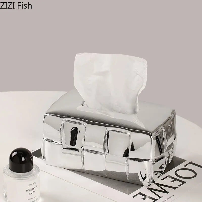 Organizador de escritorio y soporte para cajas de pañuelos DecorBites™ con diseño geométrico de cuadros plateados