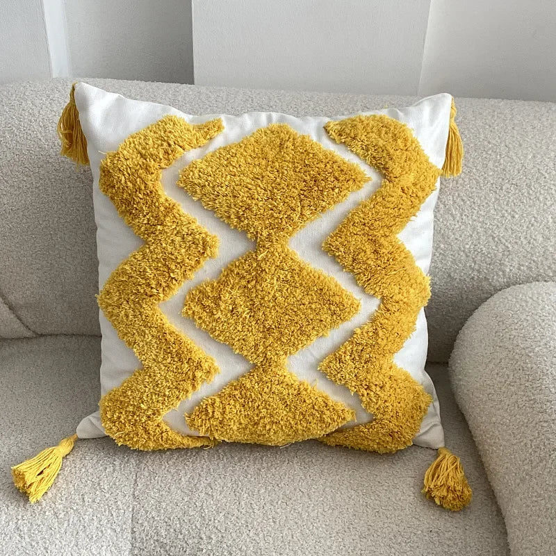 Funda de cojín DecorBites™ Boho geométrica con borlas y mechones, 30x50/45x45 cm