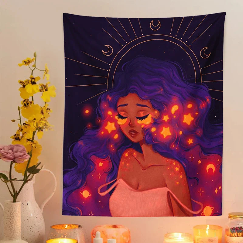 Decobites Moonlit Girl Tapestry: Luminous Sky Boho Wall Decor