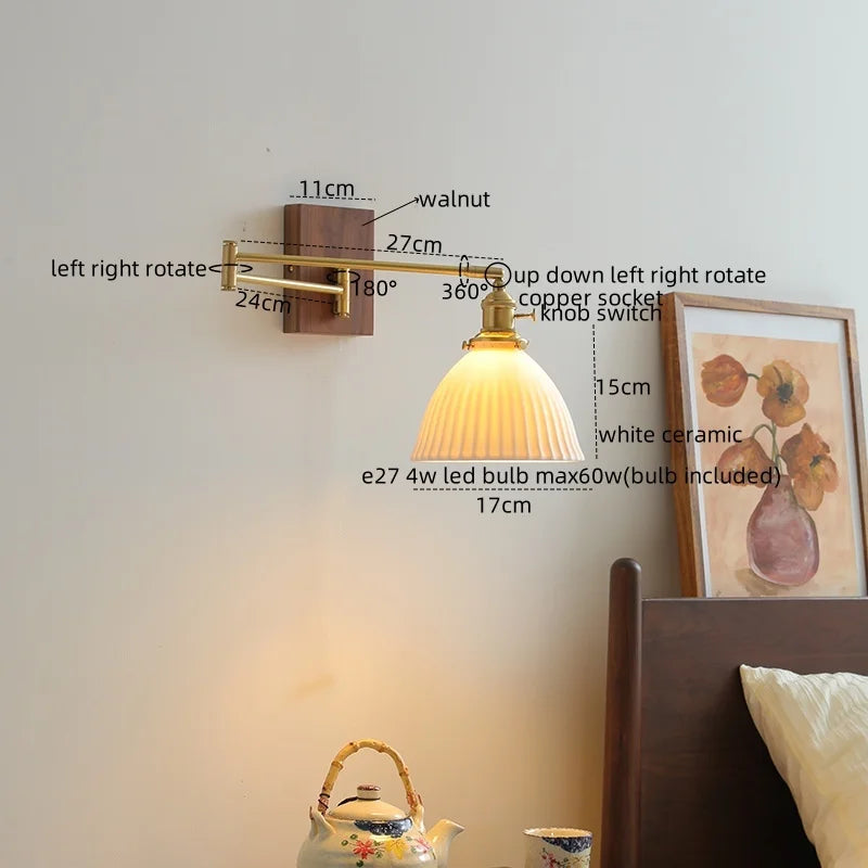 DecorBites™ Ceramic Walnut LED Wall Lights for Modern Bedroom Living Room, Pull Chain Switch
