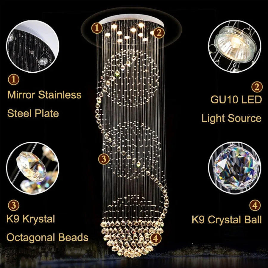 Lámpara de araña DecorBites™ con bola de cristal en espiral LED para escaleras | Lámpara colgante moderna para interiores