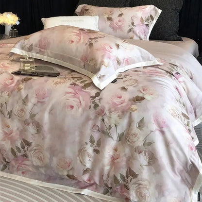 Decobites Pink Rose Flowers Print Bedding Set - 4Pcs