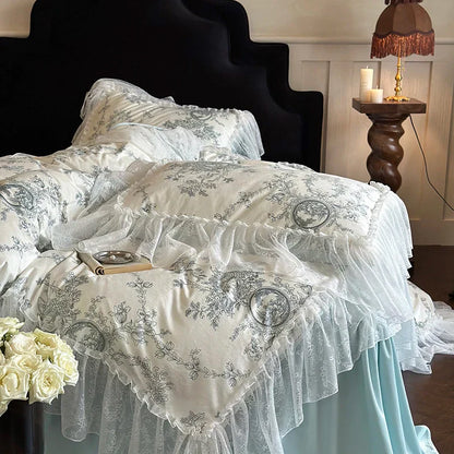 Decobites French Lace Ruffles Princess Bedding Set with Milk Velvet Quilt Cover & Pillowcases