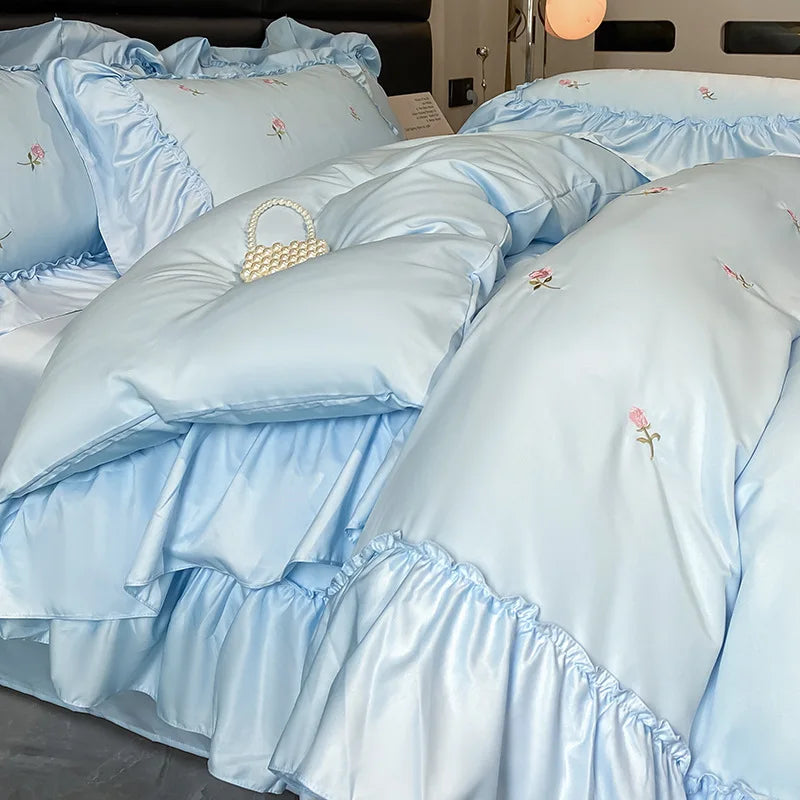DecorBites™ Ice Silk Embroidery Bedding Sets: Luxury Rayon Duvet Set with Lace, Soft & Cozy