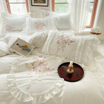 Decobites Vintage Rose Bouquet Embroidered Duvet Set with Ruffles & Patchwork