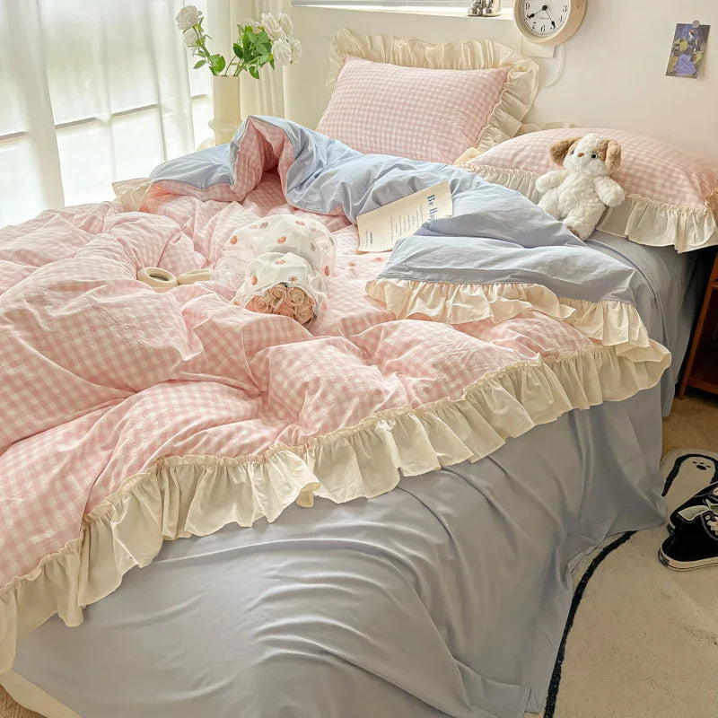 Decobites Korean Princess Style Cotton Bedding Set with Ruffles and Lace