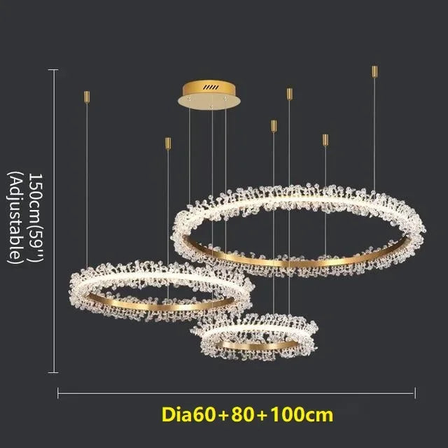 Lámpara de araña LED DecorBites™ con anillo de cristal dorado para decoración del hogar. Ideal para sala de estar, comedor y dormitorio de lujo.