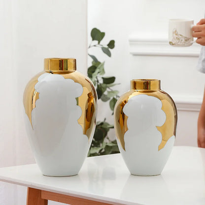 DecorBites™ Gold & White Ceramic Vase for Stylish Home Décor and Flower Display