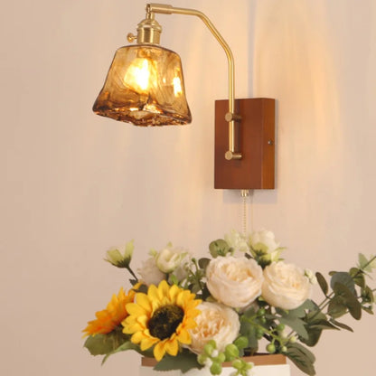 DecorBites™ LED Glass & Wood Wall Lamp with Pull Chain Switch for Living Room, Bedroom, Bathroom