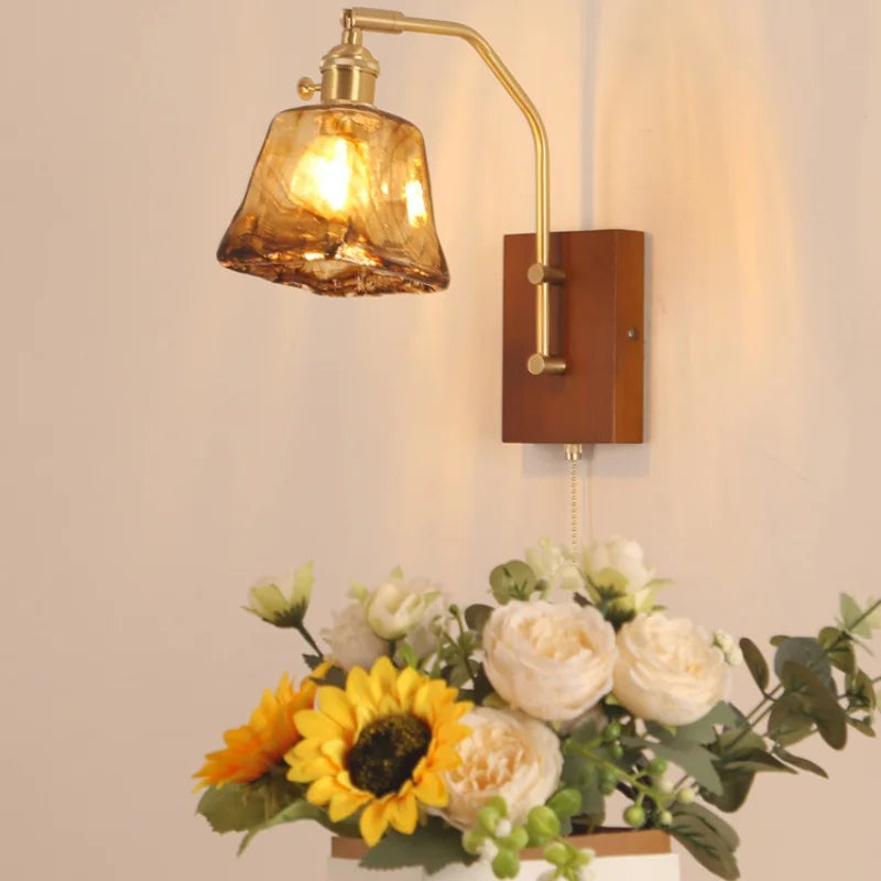 DecorBites™ LED Glass & Wood Wall Lamp with Pull Chain Switch for Living Room Bedroom Mirror
