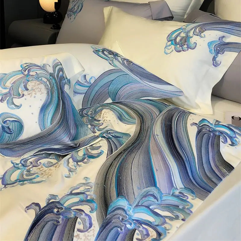 DecorBites™ Blue Tides Waves Embroidery 1200TC Luxury Bedding Set with Duvet Cover, Sheet, Pillowcases