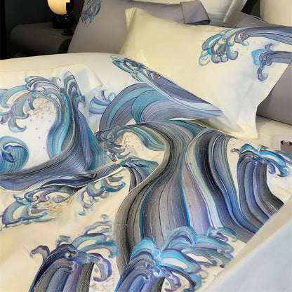 DecorBites™ Blue Tides Waves Embroidery 1200TC Luxury Bedding Set with Duvet Cover, Sheet, Pillowcases