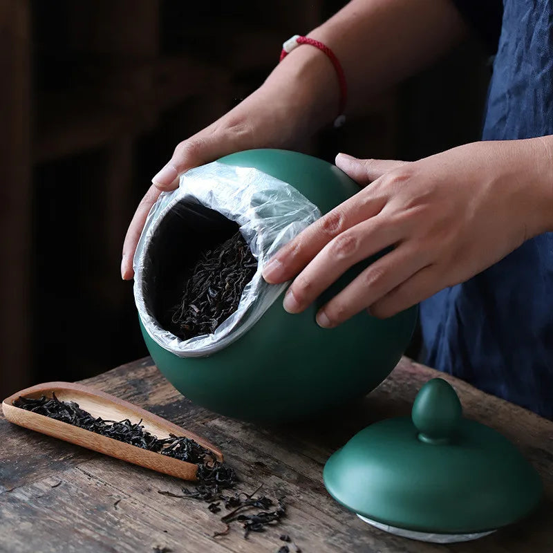 DecorBites™ Green Ceramic Tea Caddy Jar: Airtight Porcelain Storage Container, Kitchen Decoration Bottle