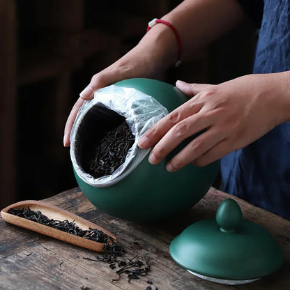 DecorBites™ Green Ceramic Tea Caddy Jar: Airtight Porcelain Storage Container, Kitchen Decoration Bottle