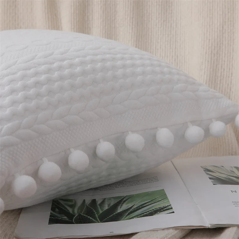 Funda de cojín de algodón con pompón de encaje Decorbites™, 50x50 cm, Bolas blancas, Funda suave para asiento, Decoración del hogar