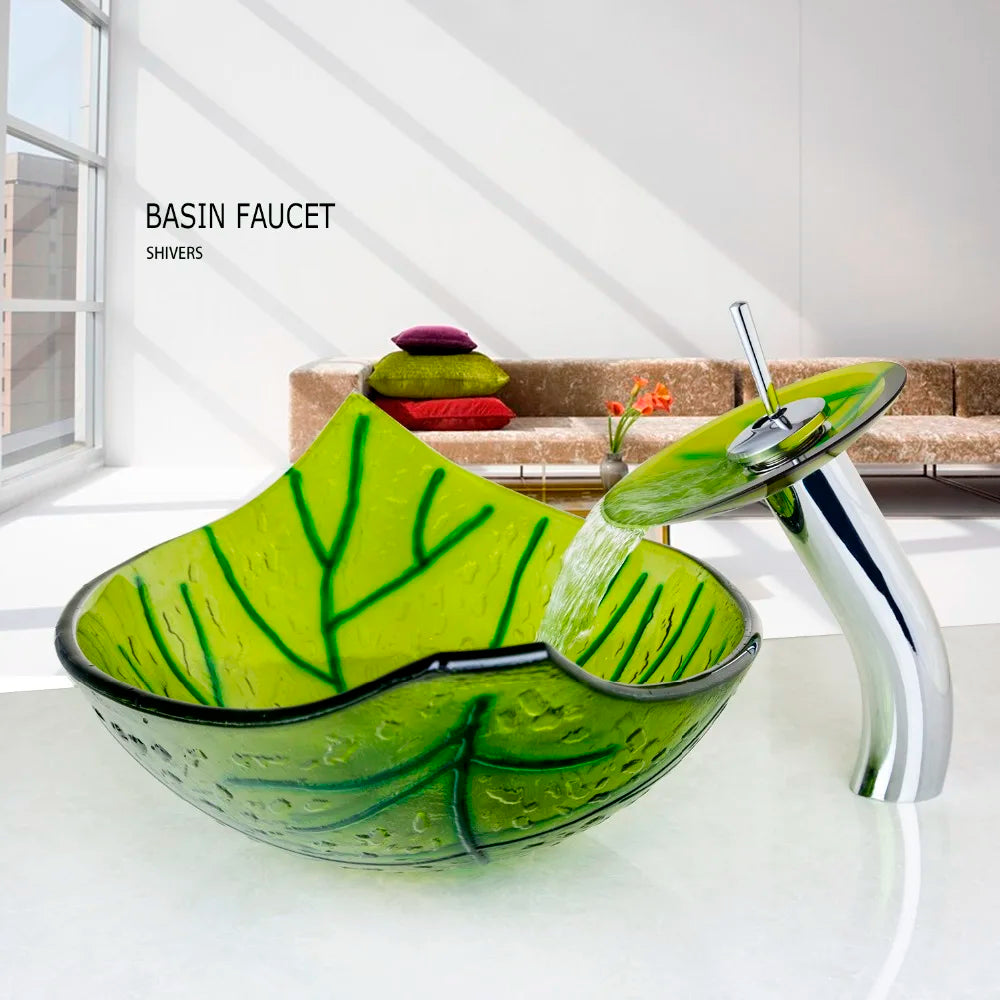 DecorBites™ Green Glass Vessel Sink Set with Waterfall Faucet - Luxury Bathroom Vanity