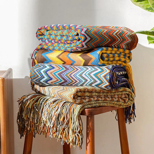DecorBites™ Boho Knitted Striped Blanket with Tassels