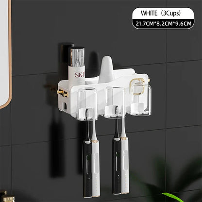 DecorBites™ Inverted Toothbrush Holder with Automatic Toothpaste Squeezer & Makeup Storage Rack