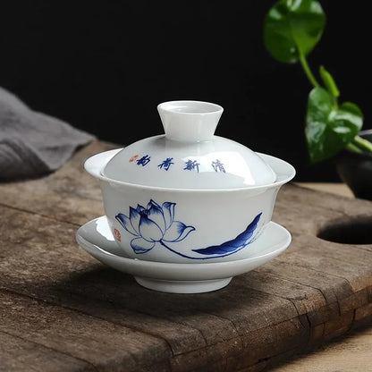 DecorBites™ Lotus Hand-Drawn Gaiwan Tea Set - White Porcelain Jingdezhen Teapot Puer Cup