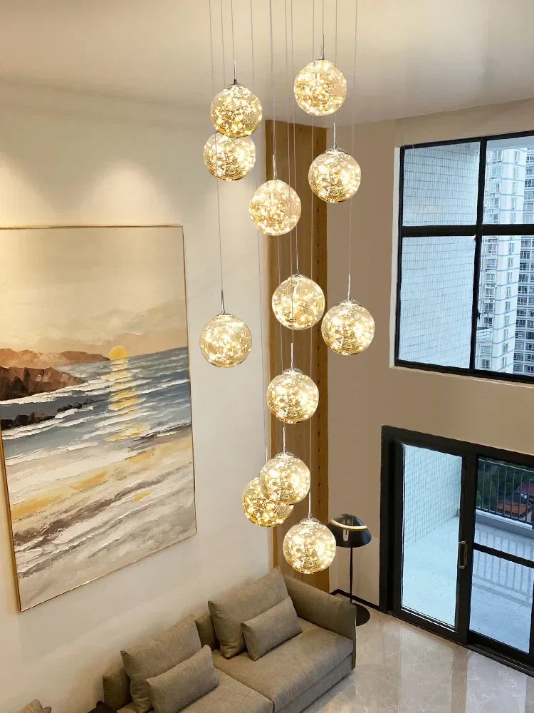 DecorBites™ Glass Chandelier: Gold LED Staircase Lighting, Minimalist Design