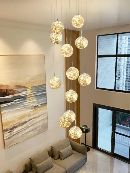 DecorBites™ Glass Chandelier: Gold LED Staircase Lighting, Minimalist Design