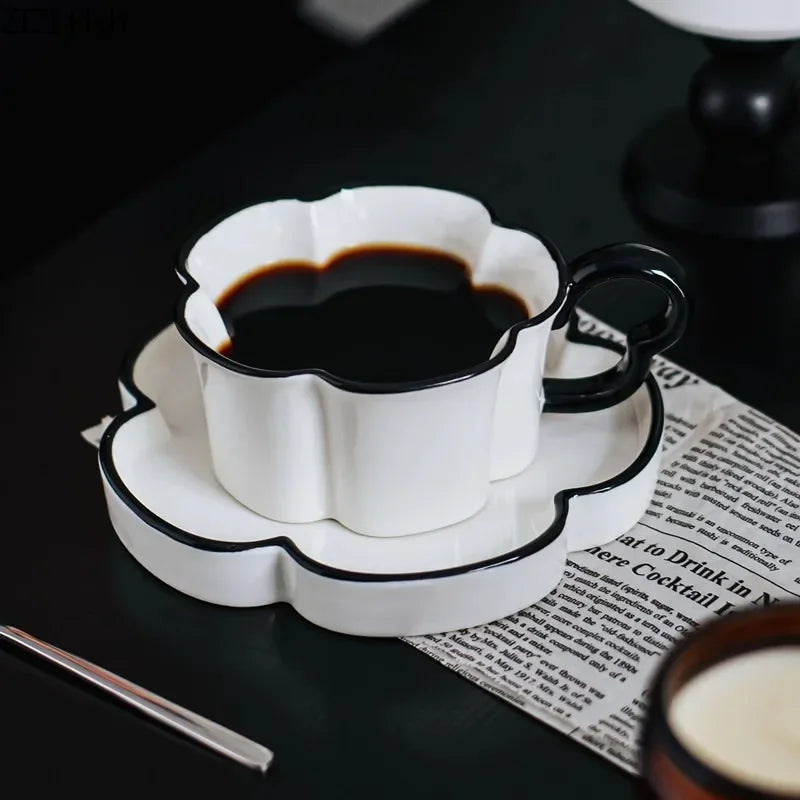 DecorBites™ Black Edged Flower Mug Set - Ceramic Cup & Saucer for Tea, Coffee, and Juice