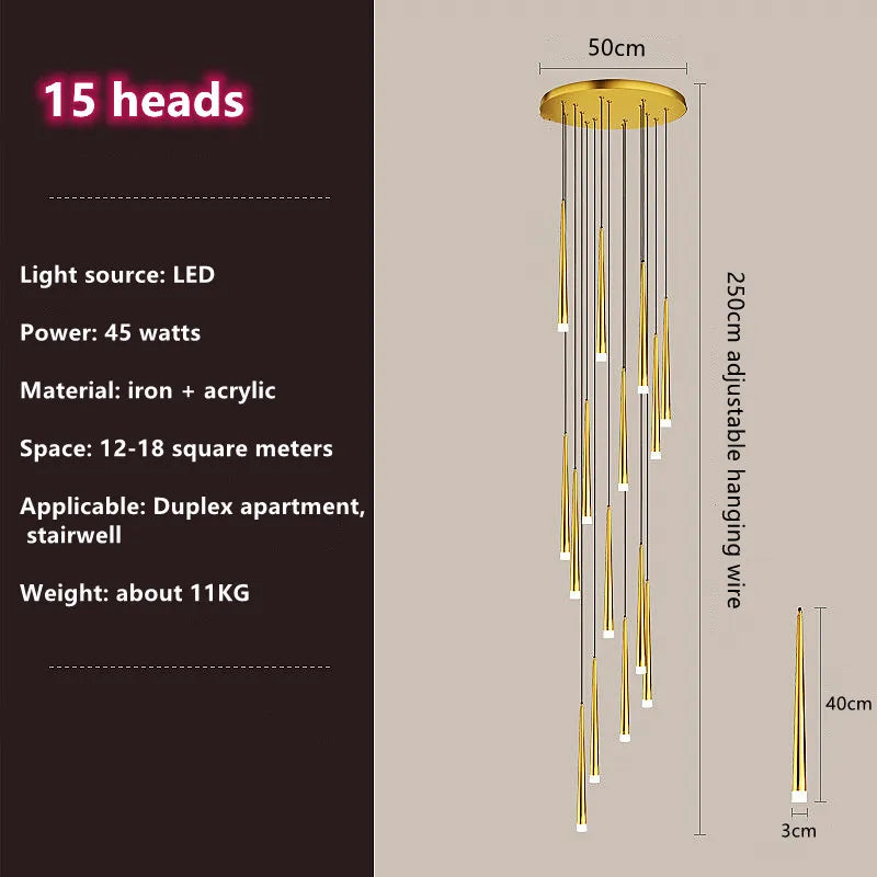 DecorBites™ Loft Black LED Stair Chandelier for Modern Living Room and Restaurant