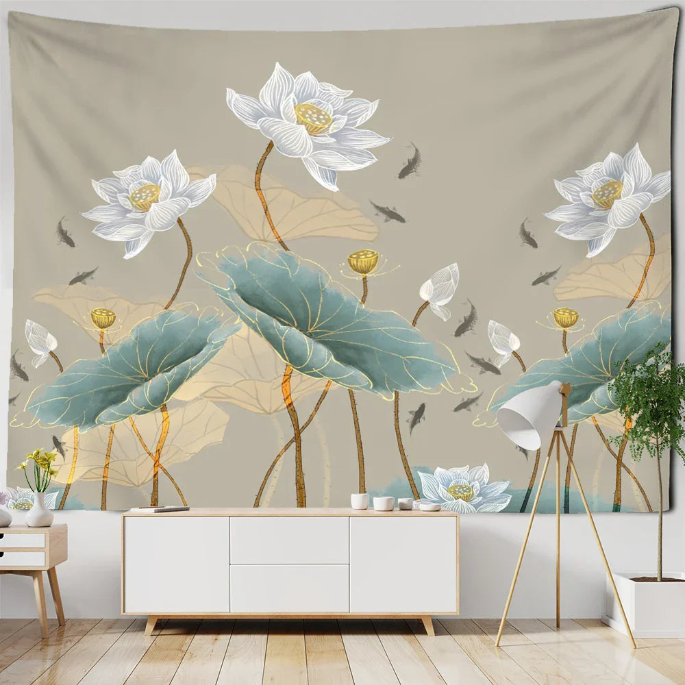 Decorbites™ Koi-Lotus-Tinten-Gobelin-Wandbehang – Bohème-Ästhetik für die Hausdekoration