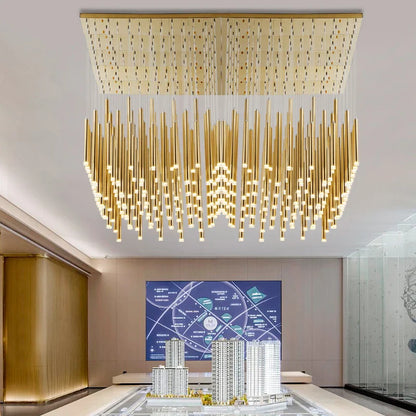DecorBites™ Golden Tube LED Chandelier for Modern Duplex Villa Living Room Staircase