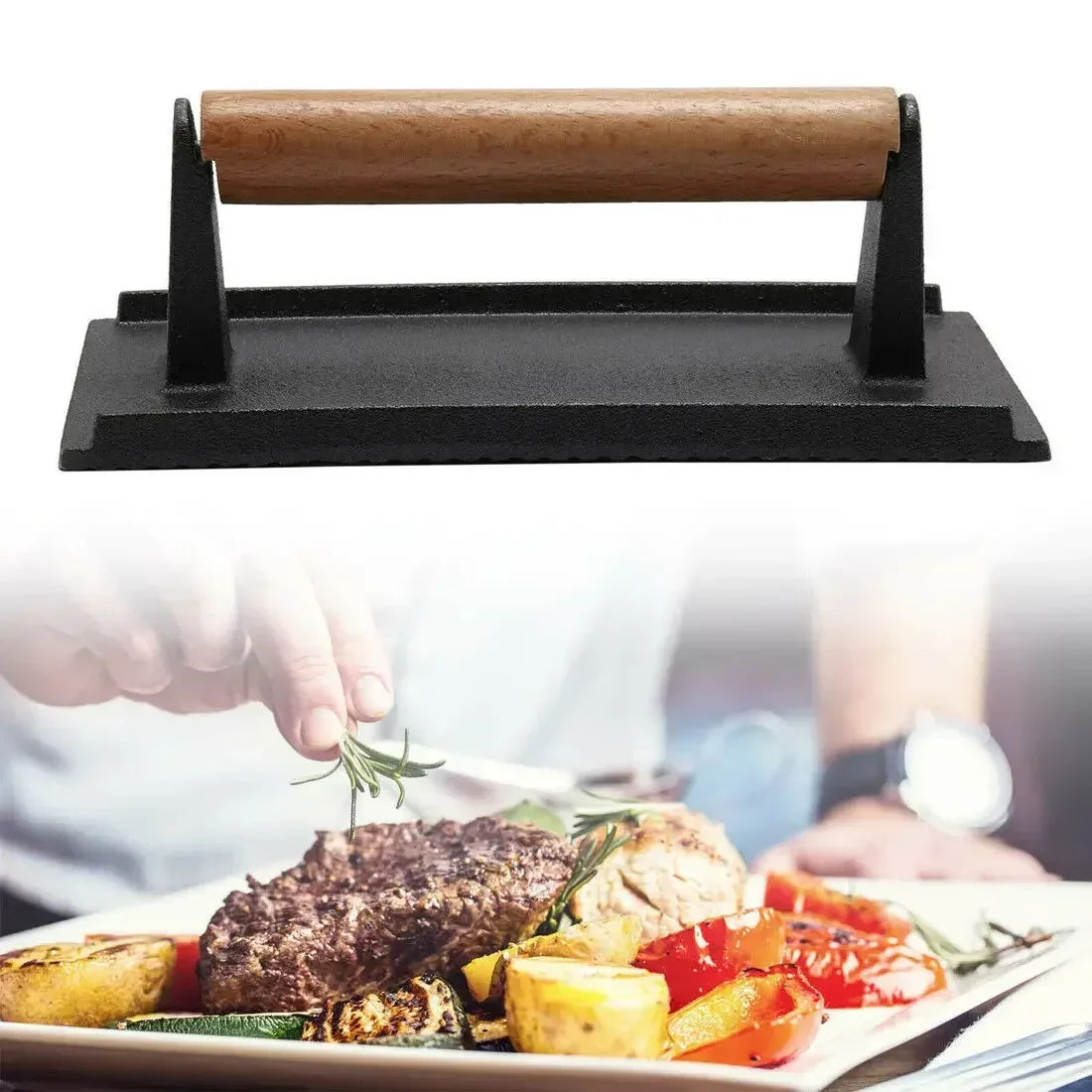 DecorBites™ Heavy Cast Flat Iron Steak Weight with Wooden Handle