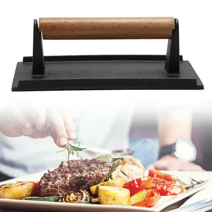 DecorBites™ Heavy Cast Flat Iron Steak Weight with Wooden Handle