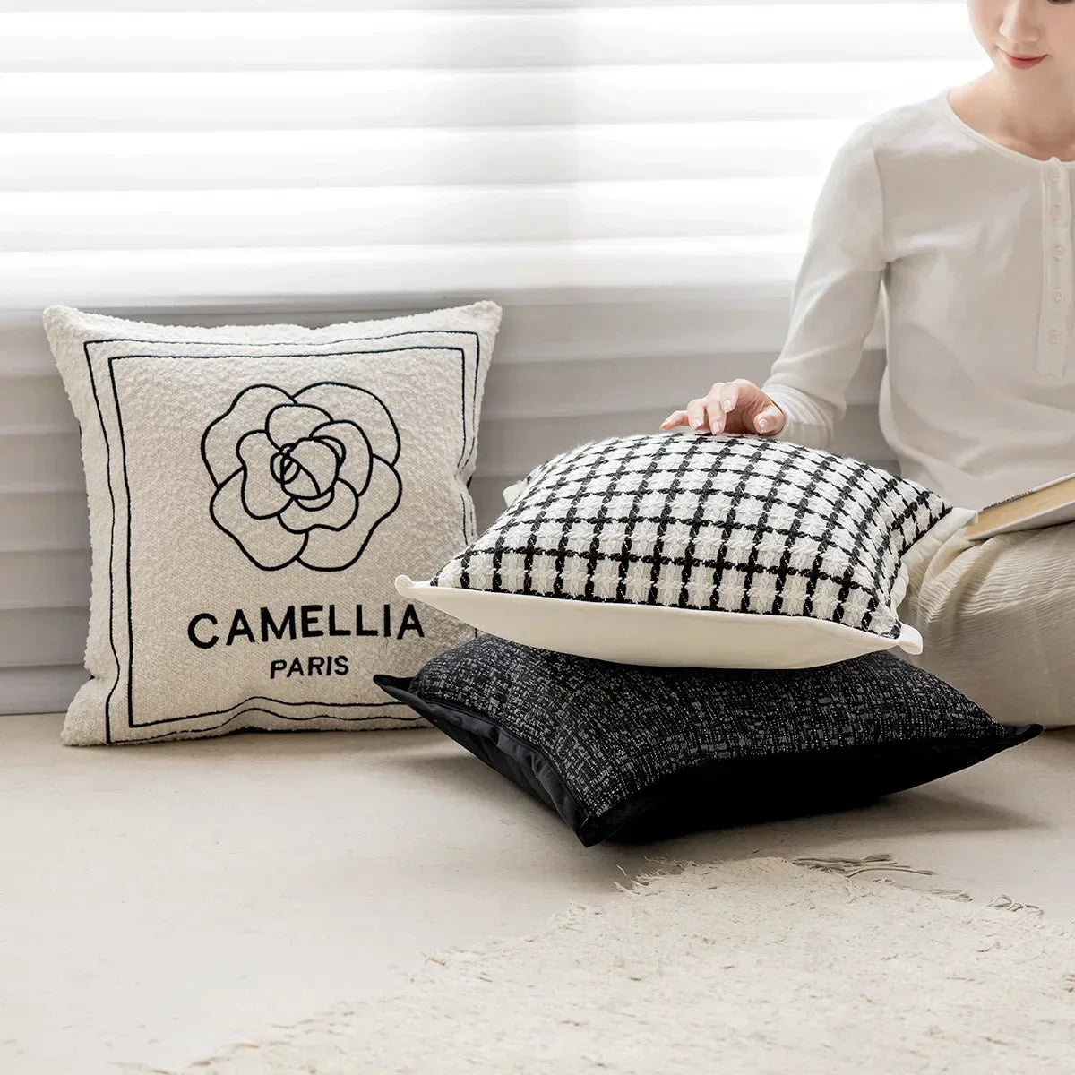 DecorBites™ Camellia Jacquard Embroidery Pillow Cover Luxury Decorative Nordic Living Room