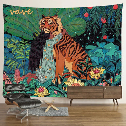 Decobites Psychedelic Tiger Tapestry Wall Hanging - Mysterious Flower Jungle Moon Landscape