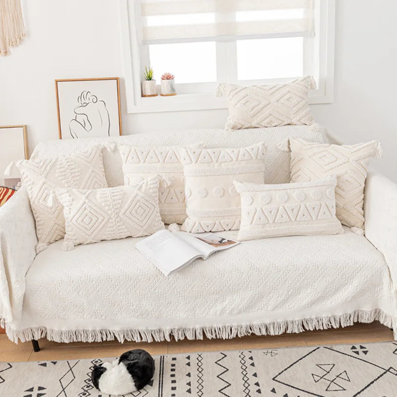 أغطية وسائد ديكوربايتس™ القطنية البيضاء المزينة بشراشيب، مقاس 45×45/30×50 سم - غطاء وسادة بتصميم هندسي مربع