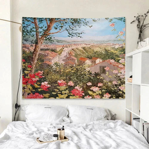 Decobites Rose Garden Tapestry Retro Oil Painting Wall Cloth for Bedroom Decor