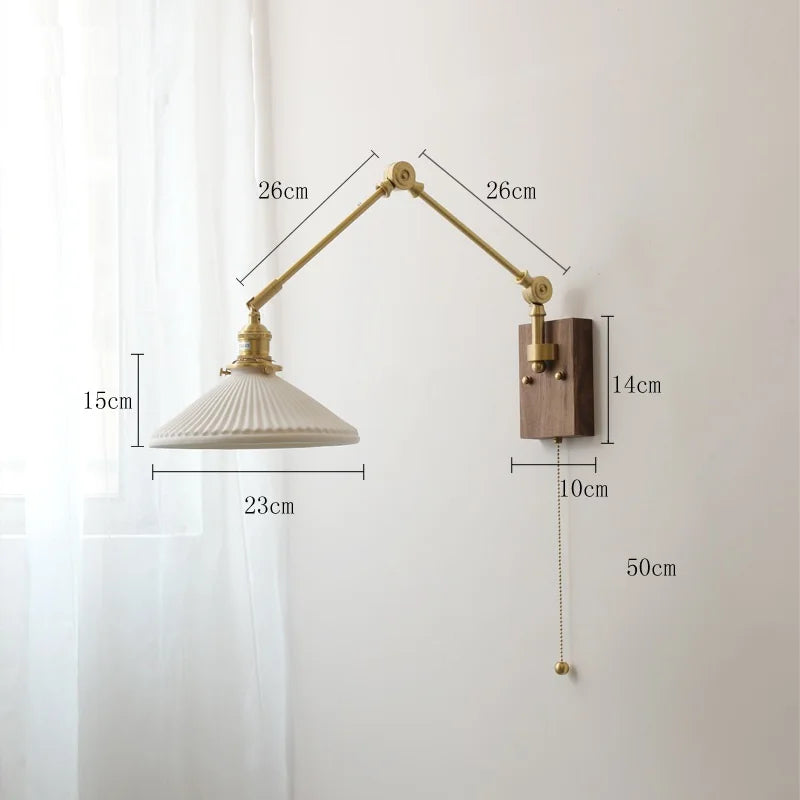 مصباح حائط نحاسي من DecorBites™ مع مفتاح سلسلة سحب، تصميم نورديك، لمبة LED، عاكس ضوء سيراميكي