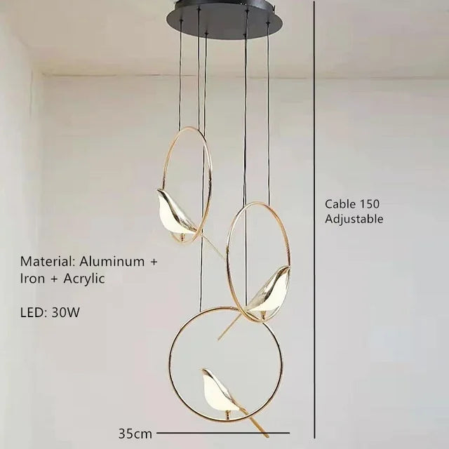 DecorBites™ Gold Magpie Bird Ceiling Chandelier | Modern LED Ring Light for Dining Room & Decor