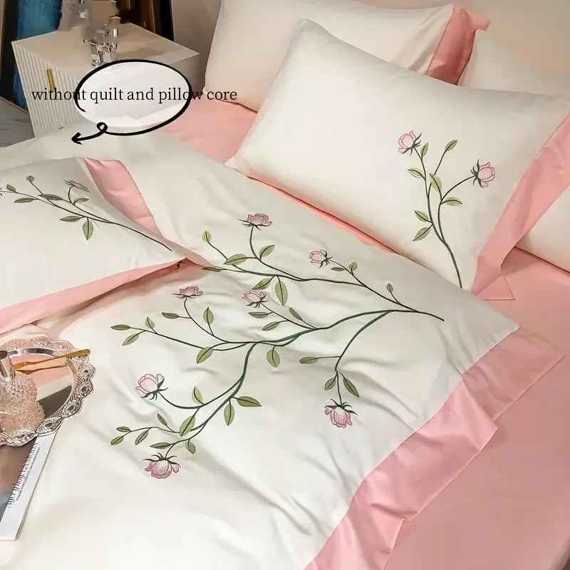 DecorBites™ Elegant Embroidery Duvet Cover Set Blue Pink 3 Pieces